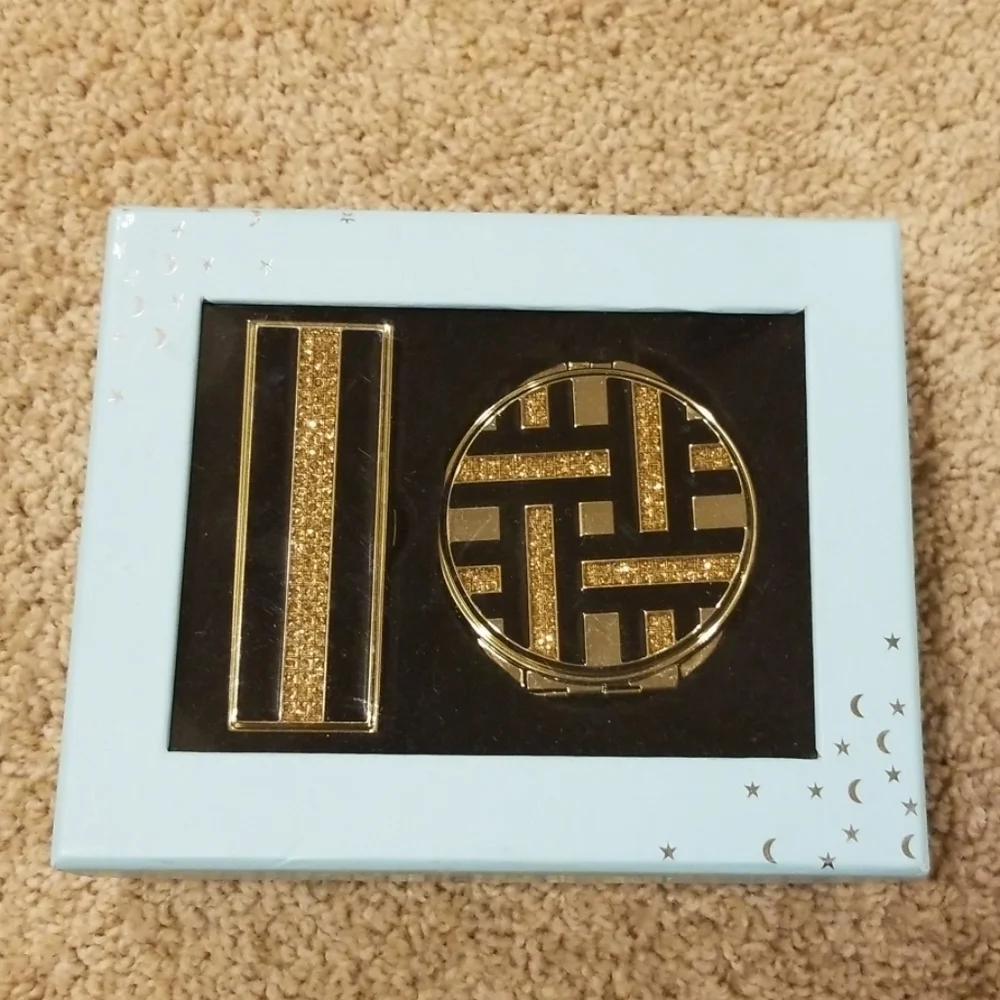 GOLD/BLACK Lipstick Holder/Round Compact Mirror